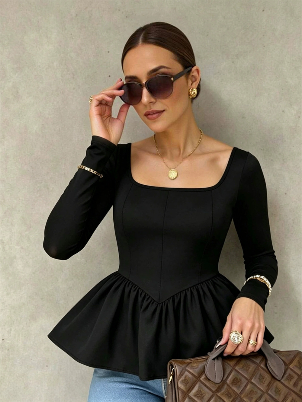 ZARA Square Neck Long Sleeve Backless Ruffle Hem Waist Cinching Top